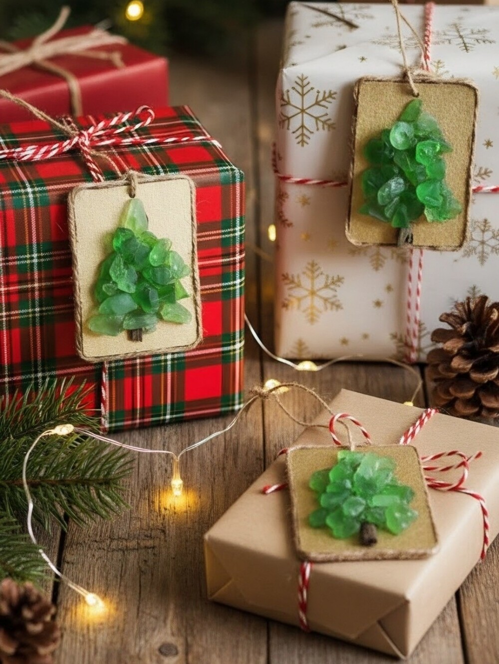 Green Glass Tree on Gold Painted Wood Holiday Hang Tag Set of 3, 3.5"H X 2.5"W - Picture 2 of 9